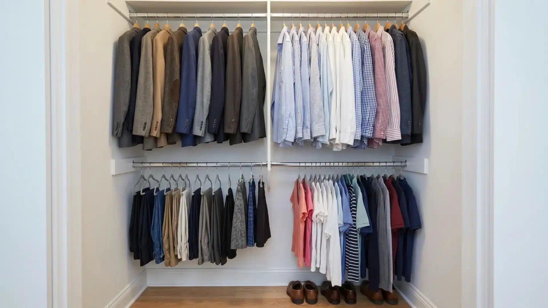 reach-in closet with upper and lower hanging rods holding clothes and open shoe space below