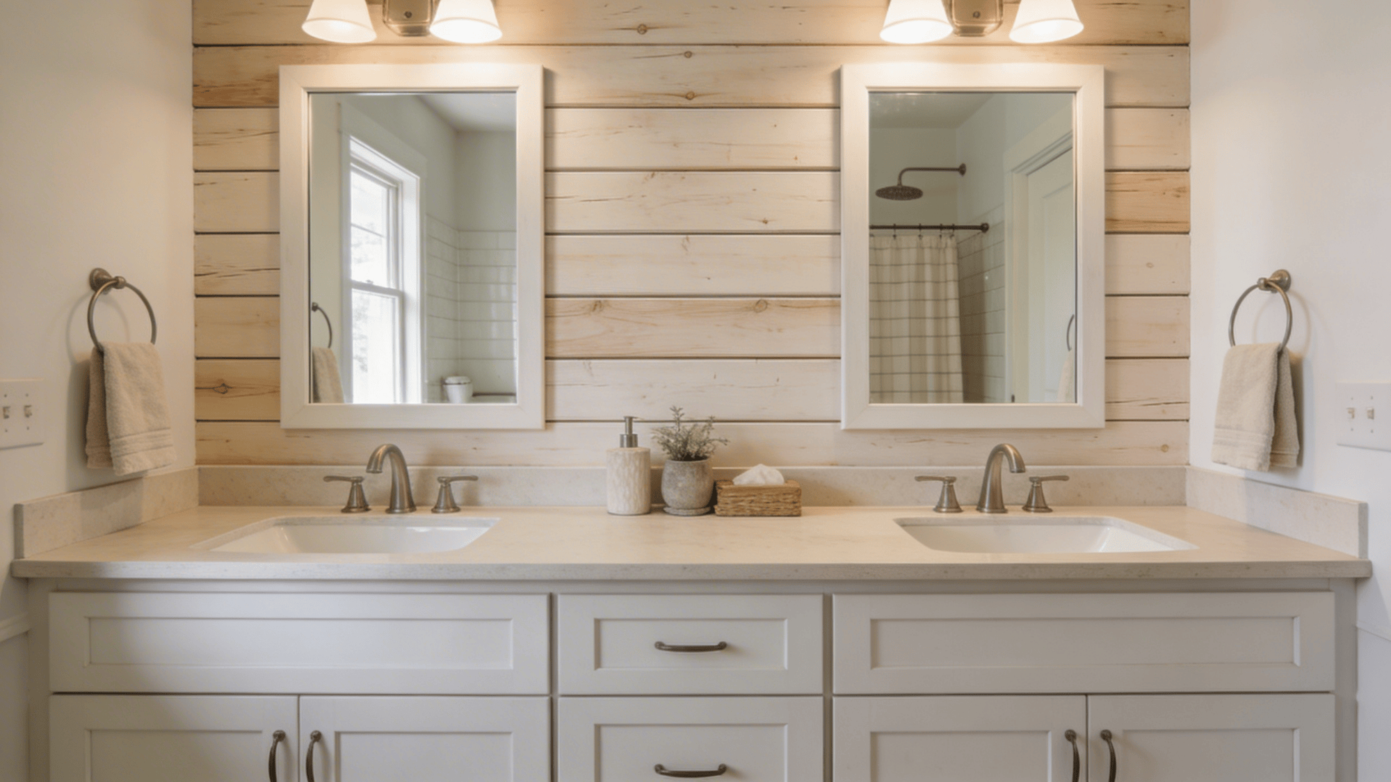 double sink bathroom vanity with mirrors wood wall paneling and soft lighting creating clean cozy space