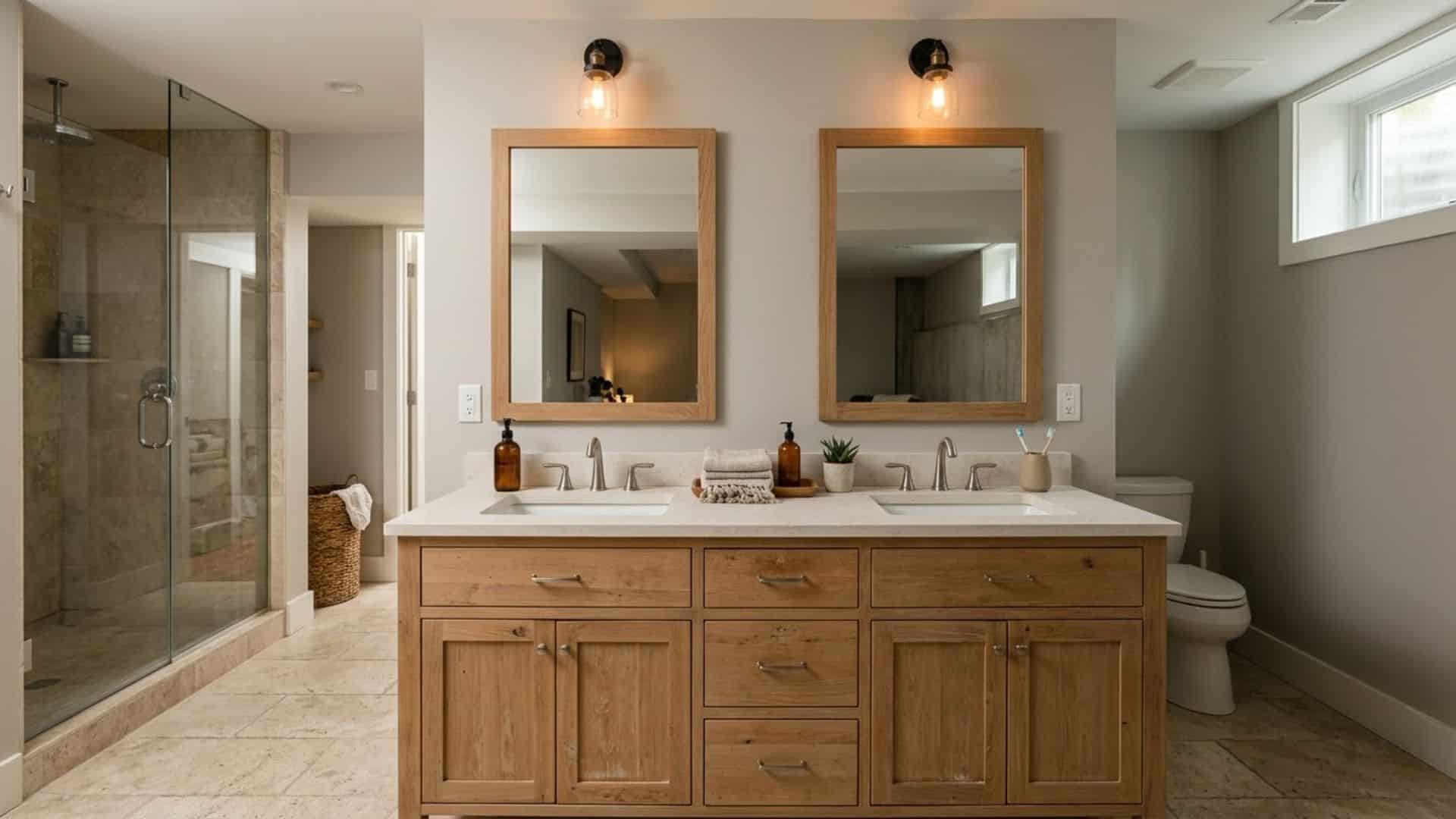 double vanity in basement bathroom with two sinks light wood design balanced layout and modern family use space