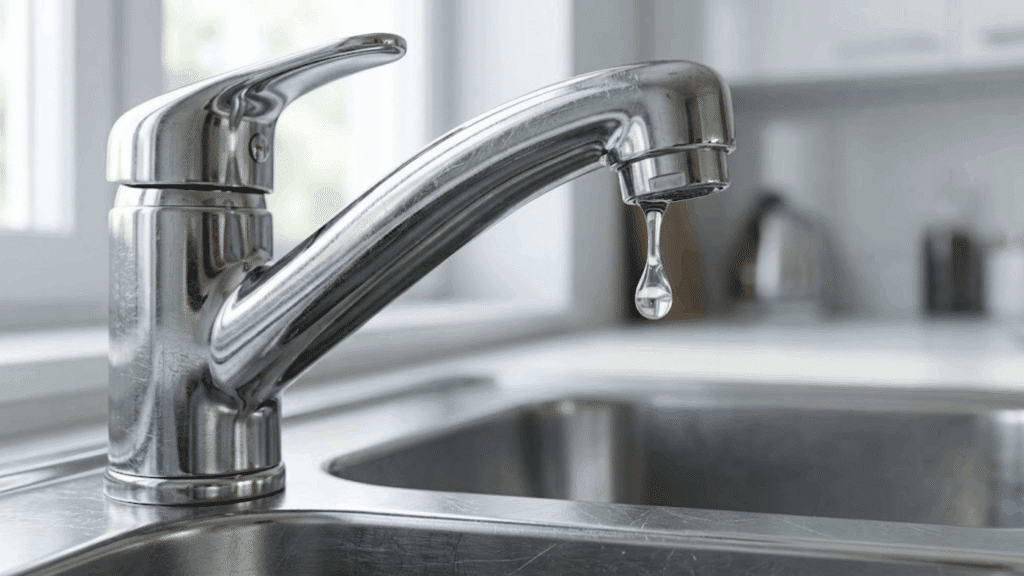 dripping kitchen faucet above stainless steel sink showing water drop forming at the spout tip