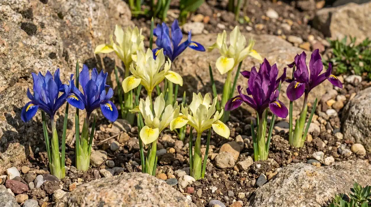 Dwarf iris flowers blooming in a rock garden.