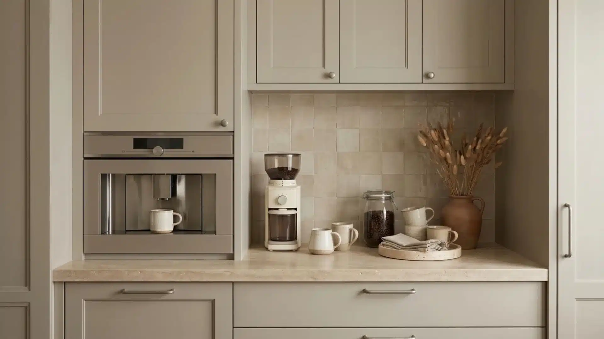 Neutral coffee bar with greige cabinets, limestone counter, beige tile, stoneware mugs, coffee gear, and soft earthy styling.
