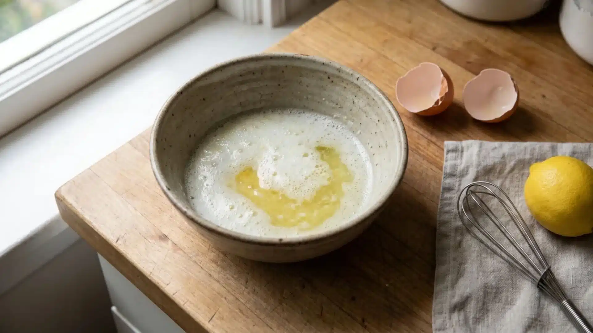 egg white and lemon mixture in bowl for oily hair mask