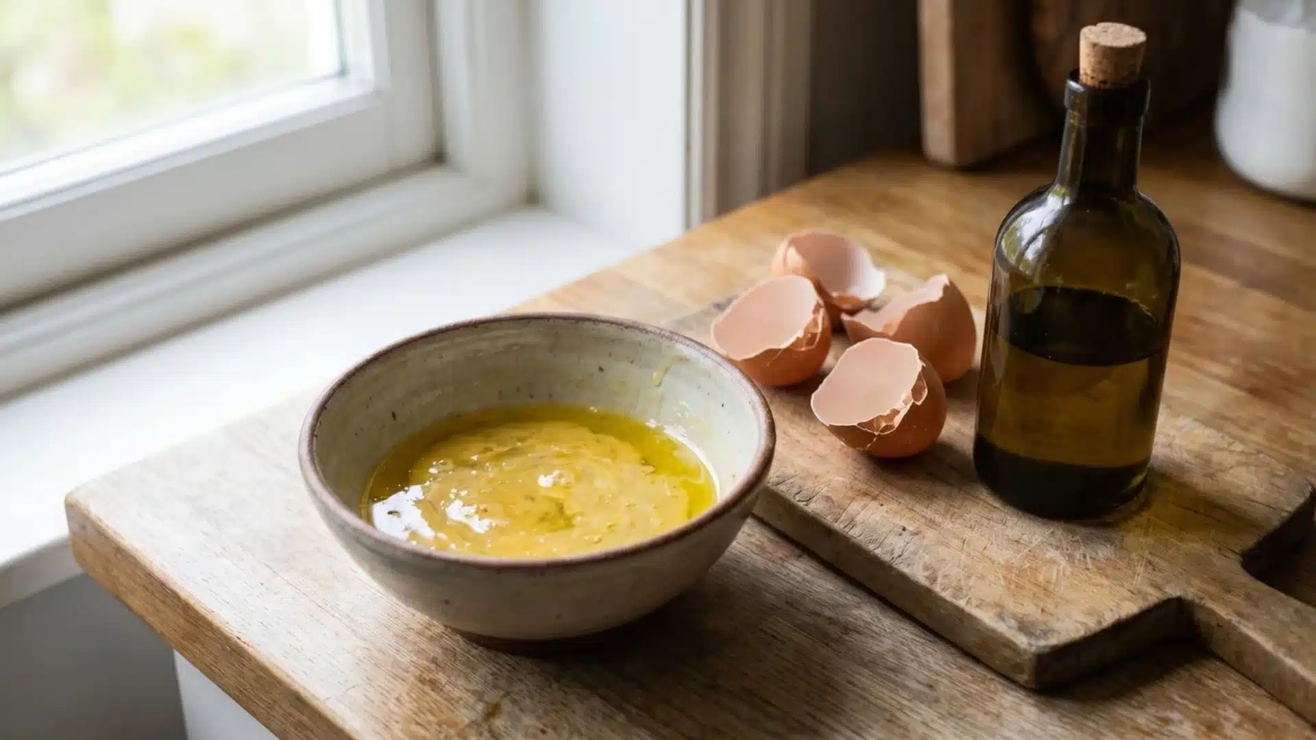 egg and olive oil mixture in bowl for weak hair mask