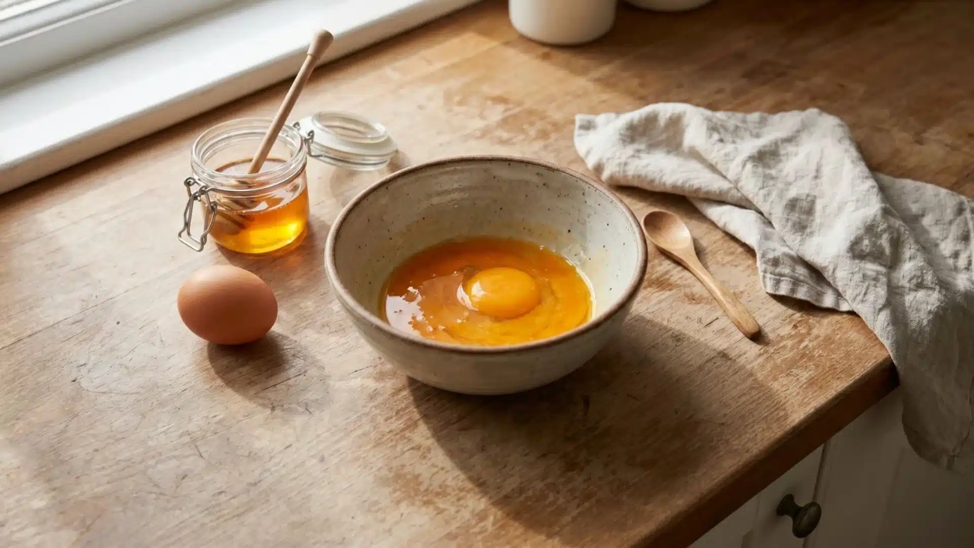 egg yolk and honey mixture in bowl for thinning hair mask