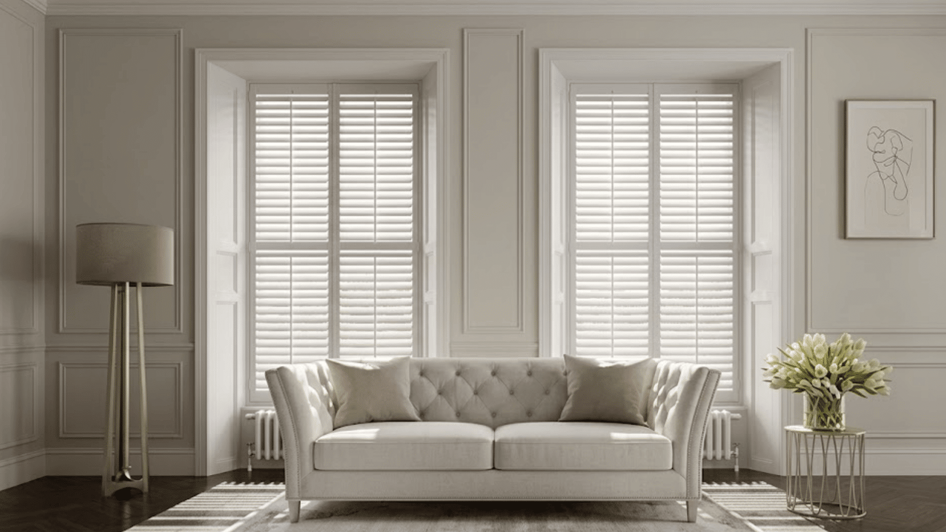 elegant living room with white sofa between shuttered windows floor lamp floral arrangement and framed wall art