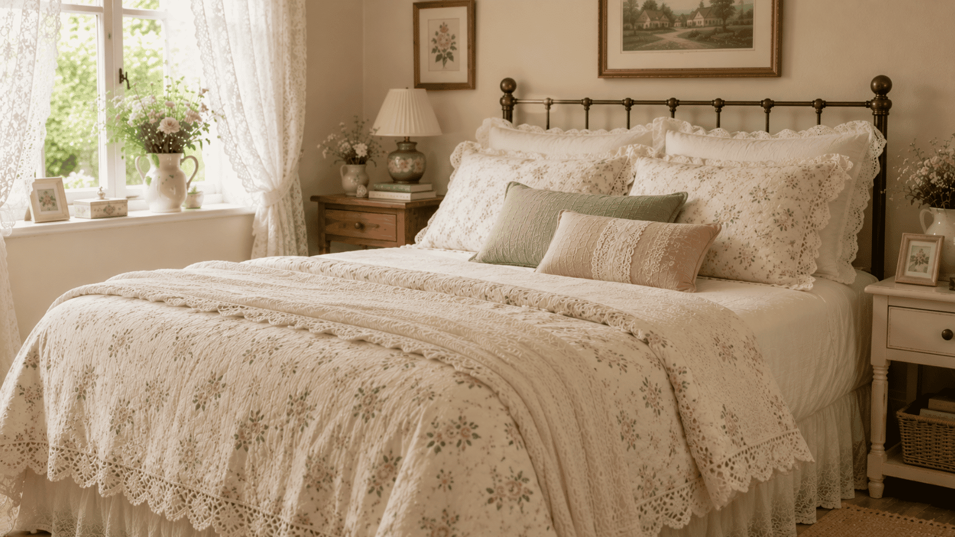 english cottage bedroom with lace curtains floral bedding soft pastel pillows and warm natural sunlight