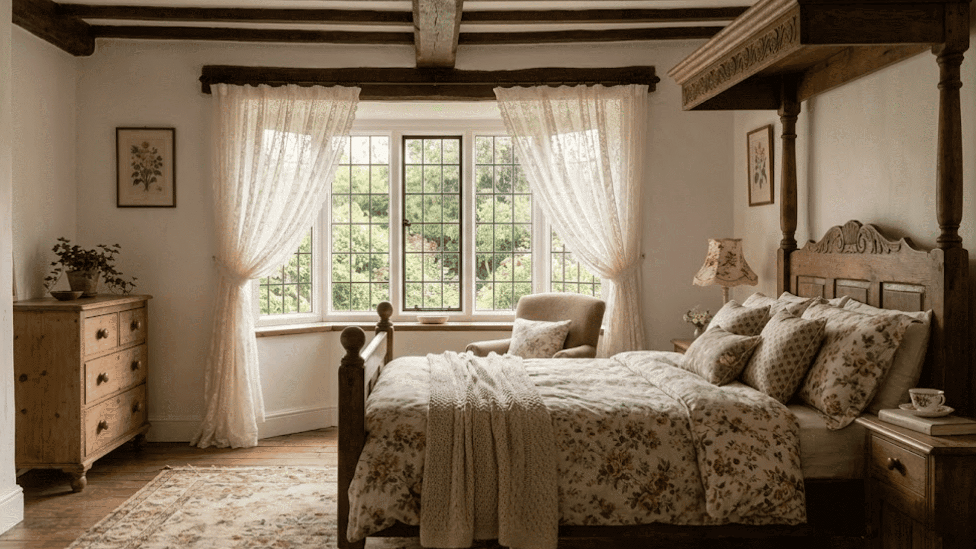 english cottage bedroom with lace curtains floral bedding wooden furniture and soft natural window light