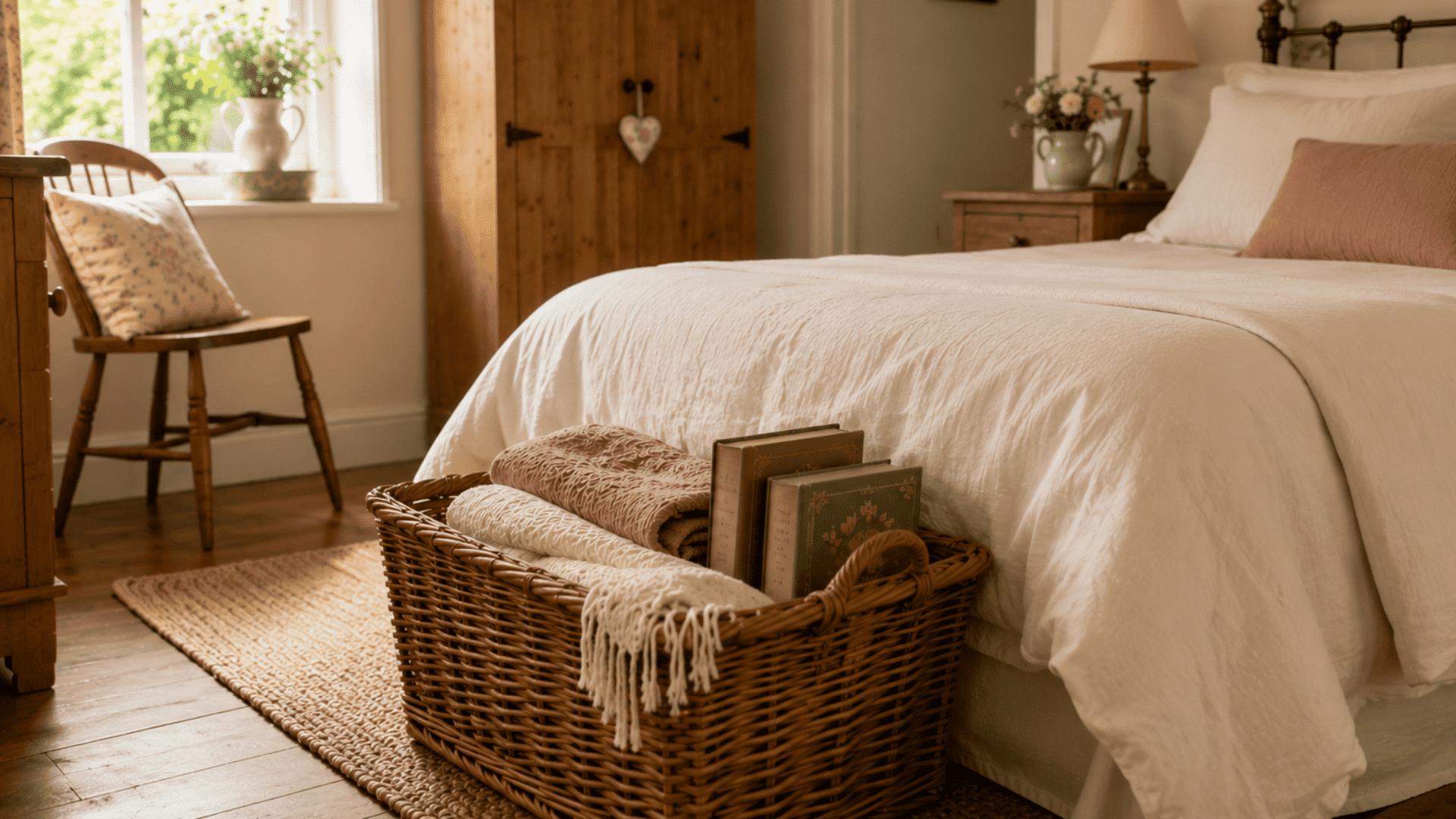 english cottage bedroom with wicker basket holding blankets and books beside a floral bed in warm daylight (1)