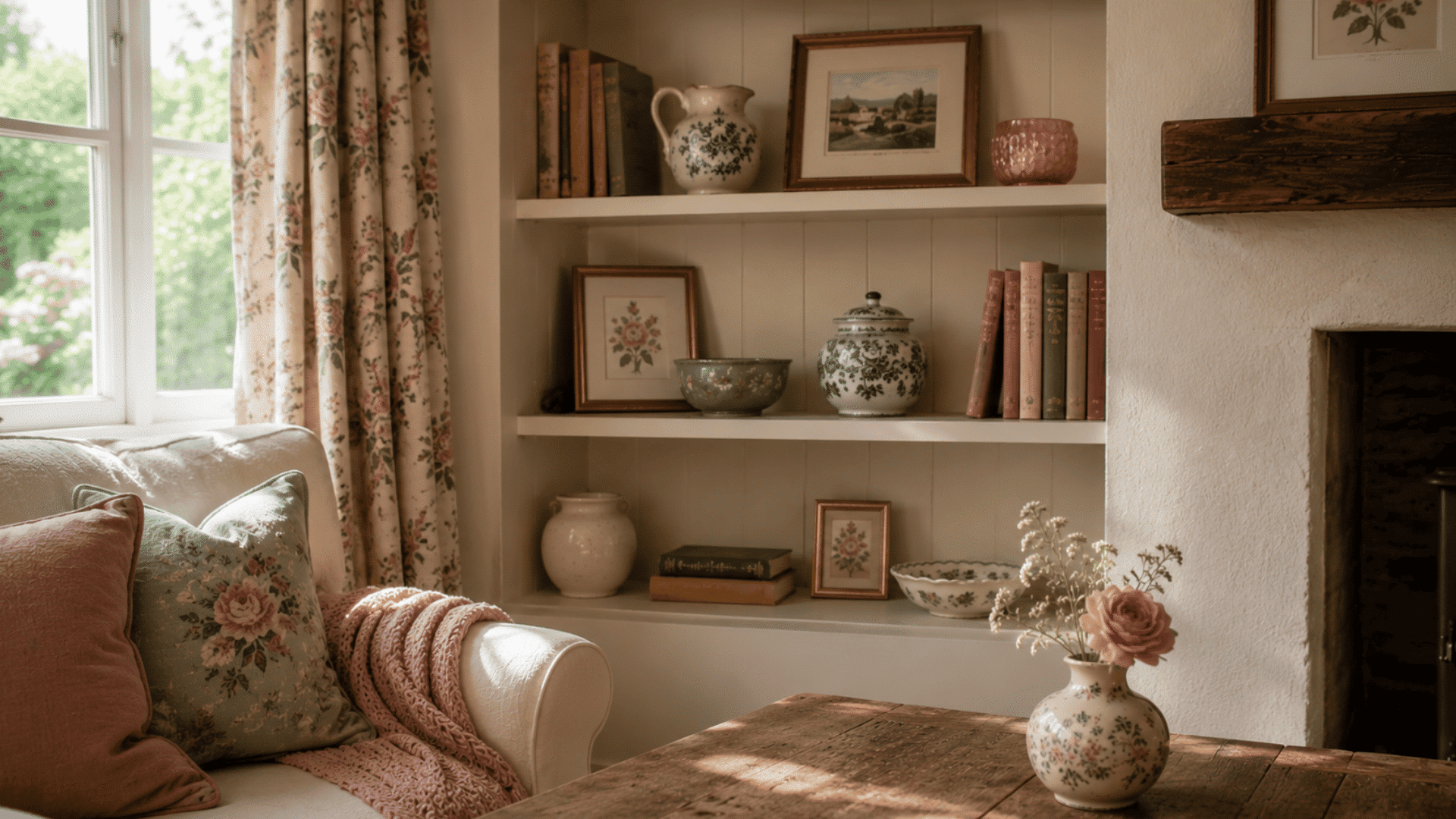 english cottage living room with floral vase on rustic table and decorative ceramics on wall shelves with framed art