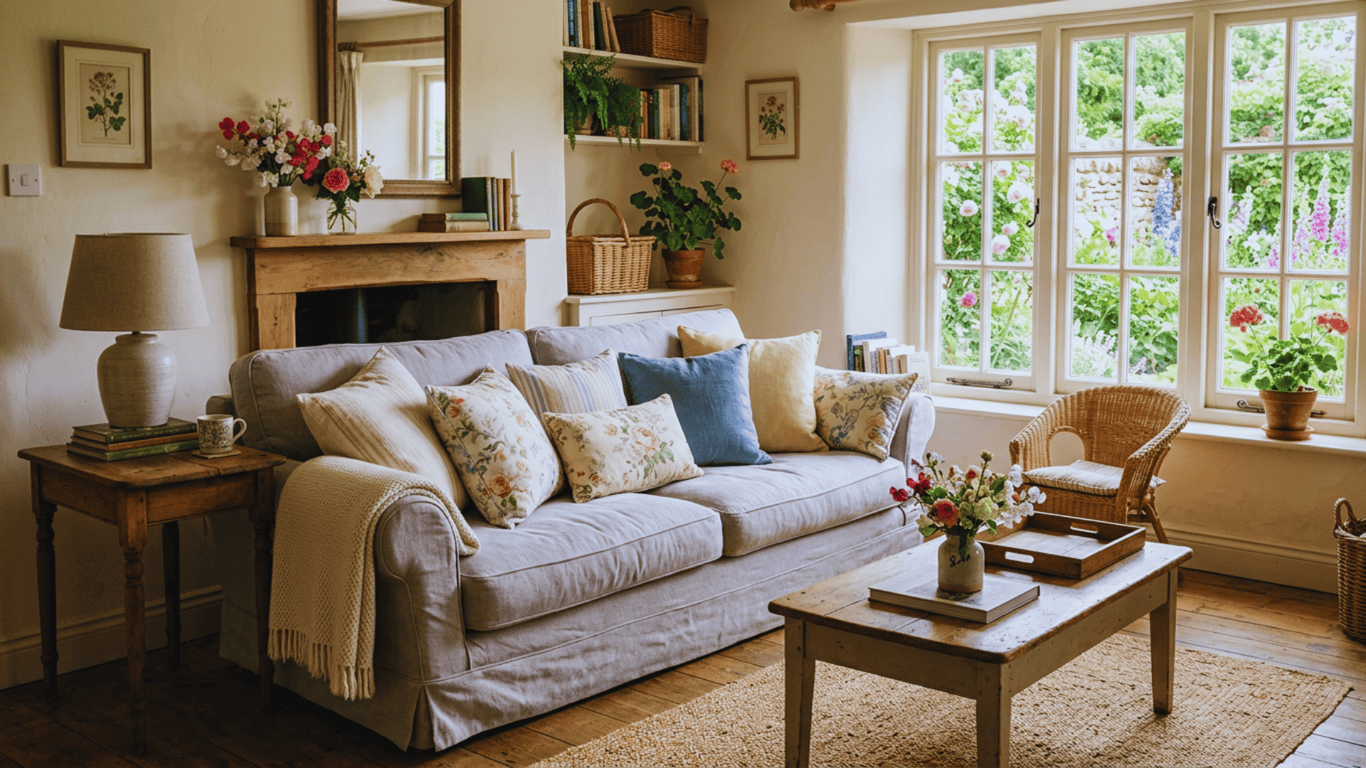 english cottage style living room with neutral sofa floral cushions and natural light