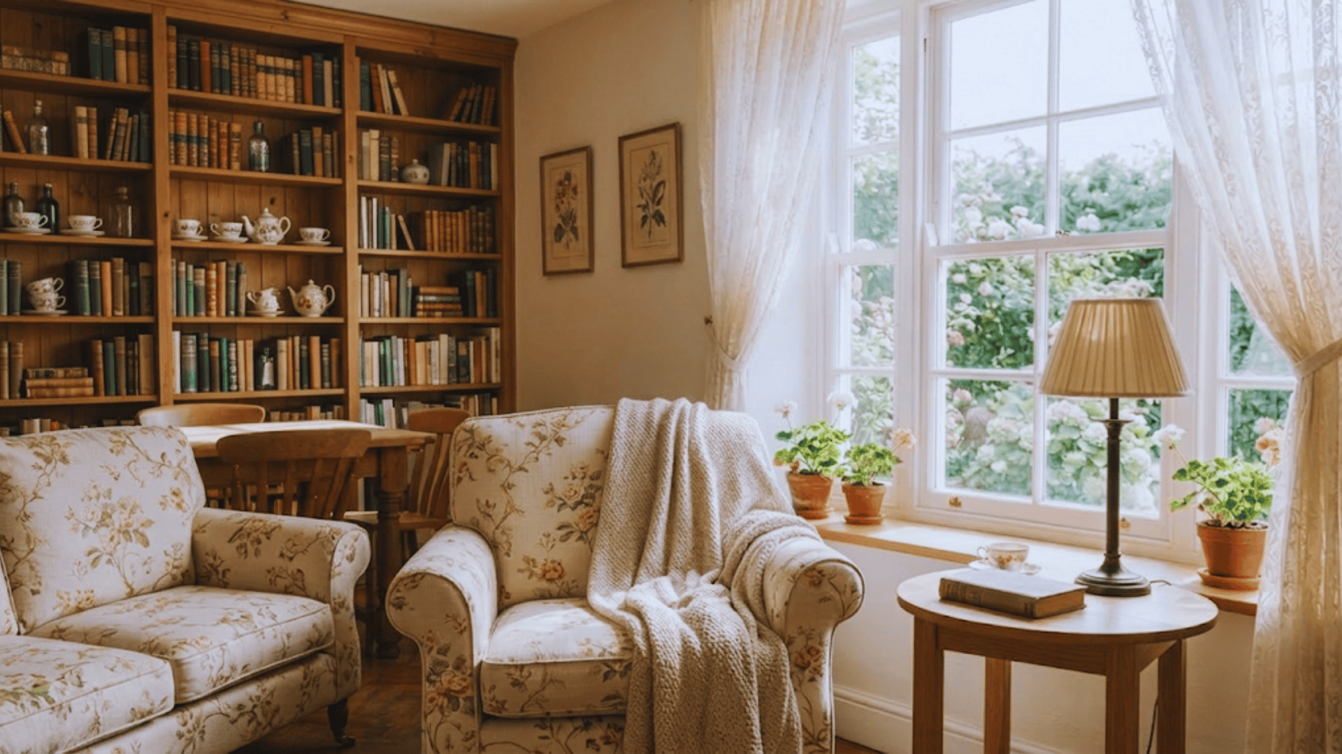 english cottage style reading corner with floral armchair bookshelf and lace curtains