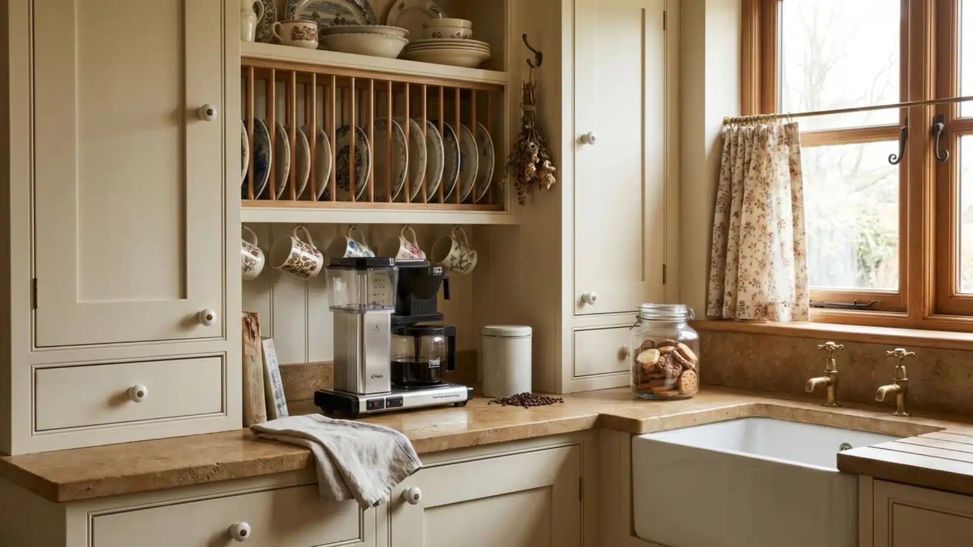 English cottage coffee bar with cream inset cabinets, plate rack, stone counter, ceramic sink, patterned mugs, and soft light.
