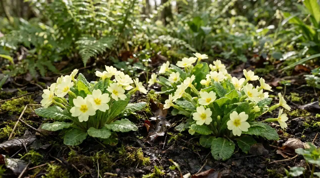 Pale yellow English primrose flowers growing in a shaded garden.