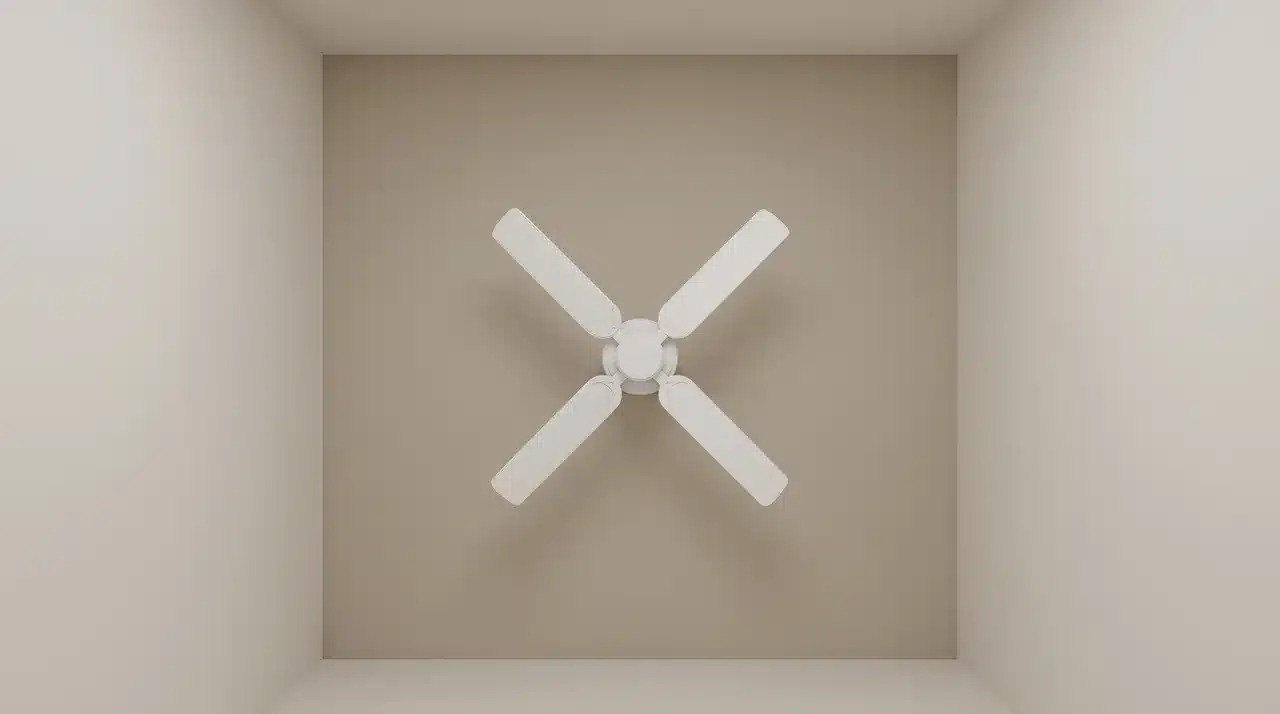 Top-down bedroom floor plan with ceiling fan marked at center and blade clearance radius shown from walls