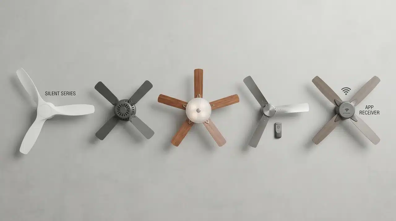Five ceiling fan types arranged in a grid showing silent, BLDC, light-integrated, remote, and smart fan designs