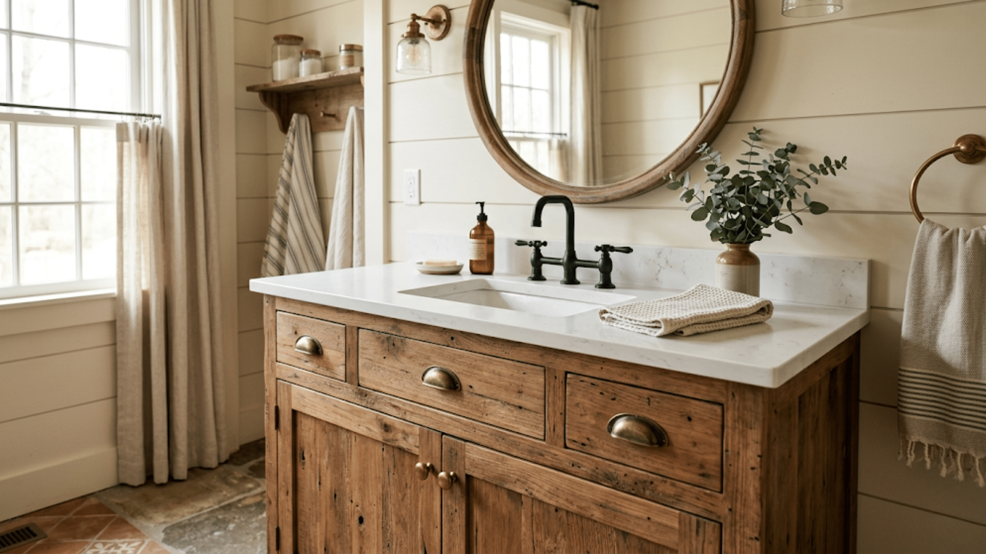 farmhouse bathroom vanity with vintage brass cup pulls and classic fixtures adding timeless charm