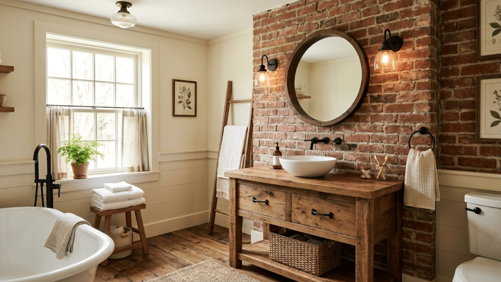 farmhouse bathroom with exposed brick accent wall behind wooden vanity adding warmth texture