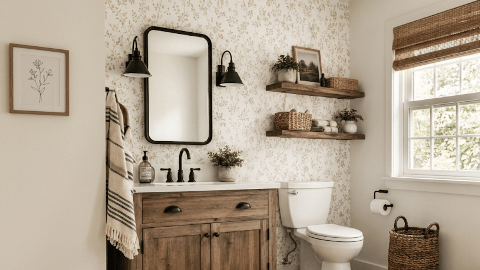 farmhouse bathroom with neutral floral patterned wallpaper behind a wooden vanity creating soft warmth