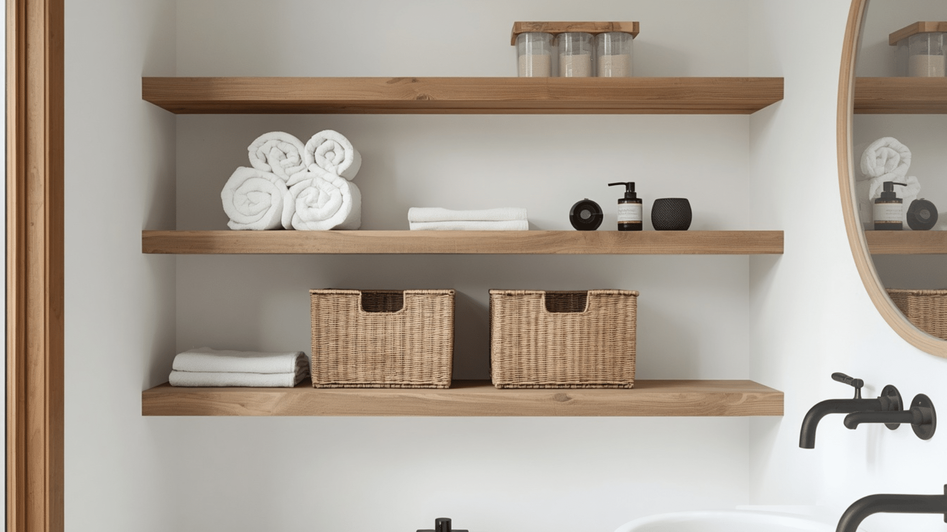 farmhouse bathroom with open wooden shelves and woven baskets providing organized storage
