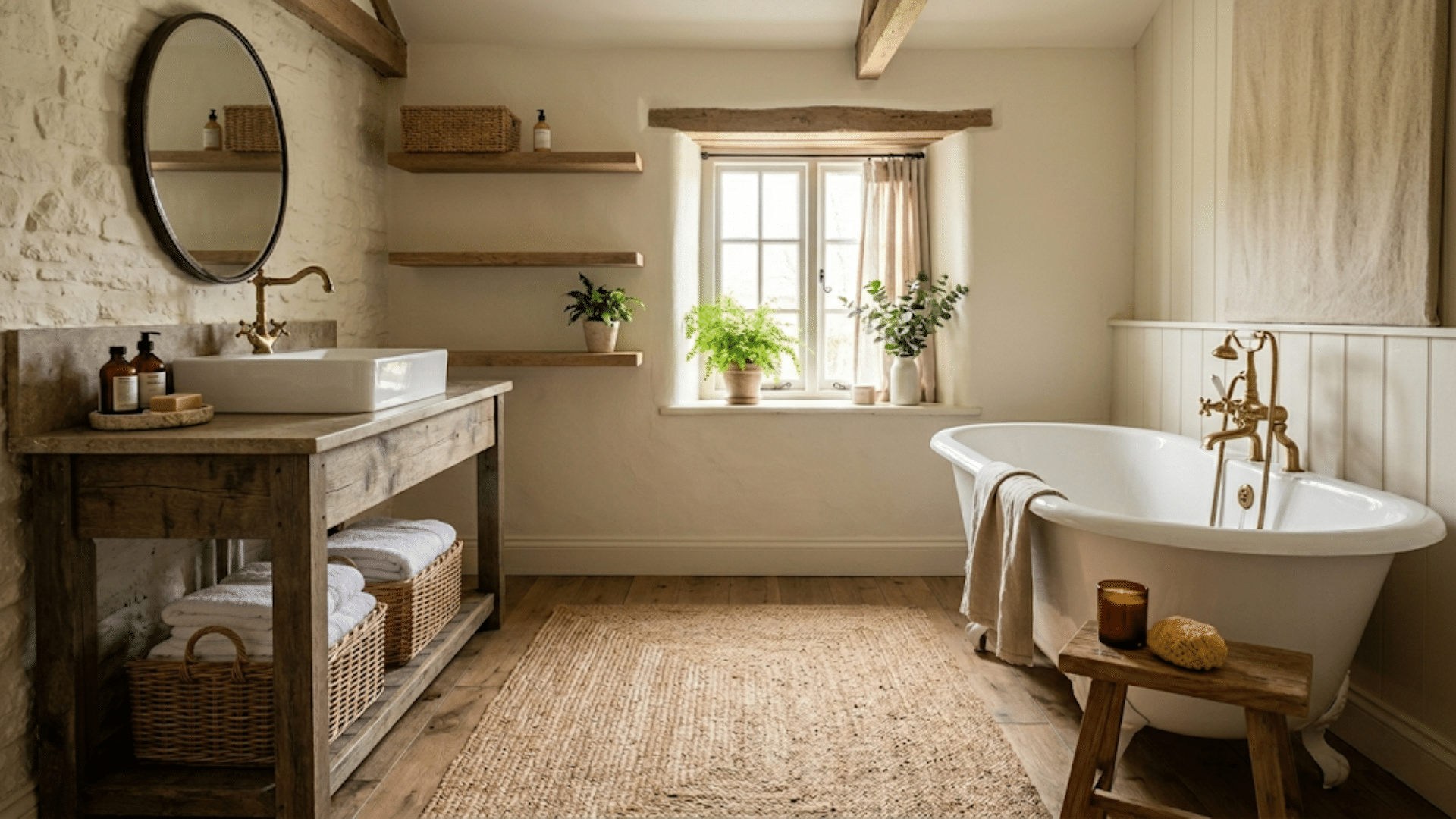 farmhouse bathroom with woven rug and wicker baskets under rustic vanity adding warm natural texture