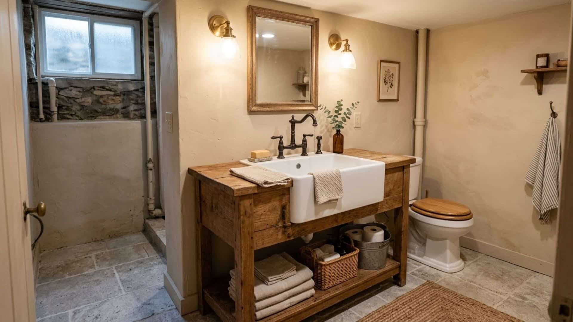 farmhouse sink in basement bathroom with wood vanity warm tones and cozy rustic style interior design