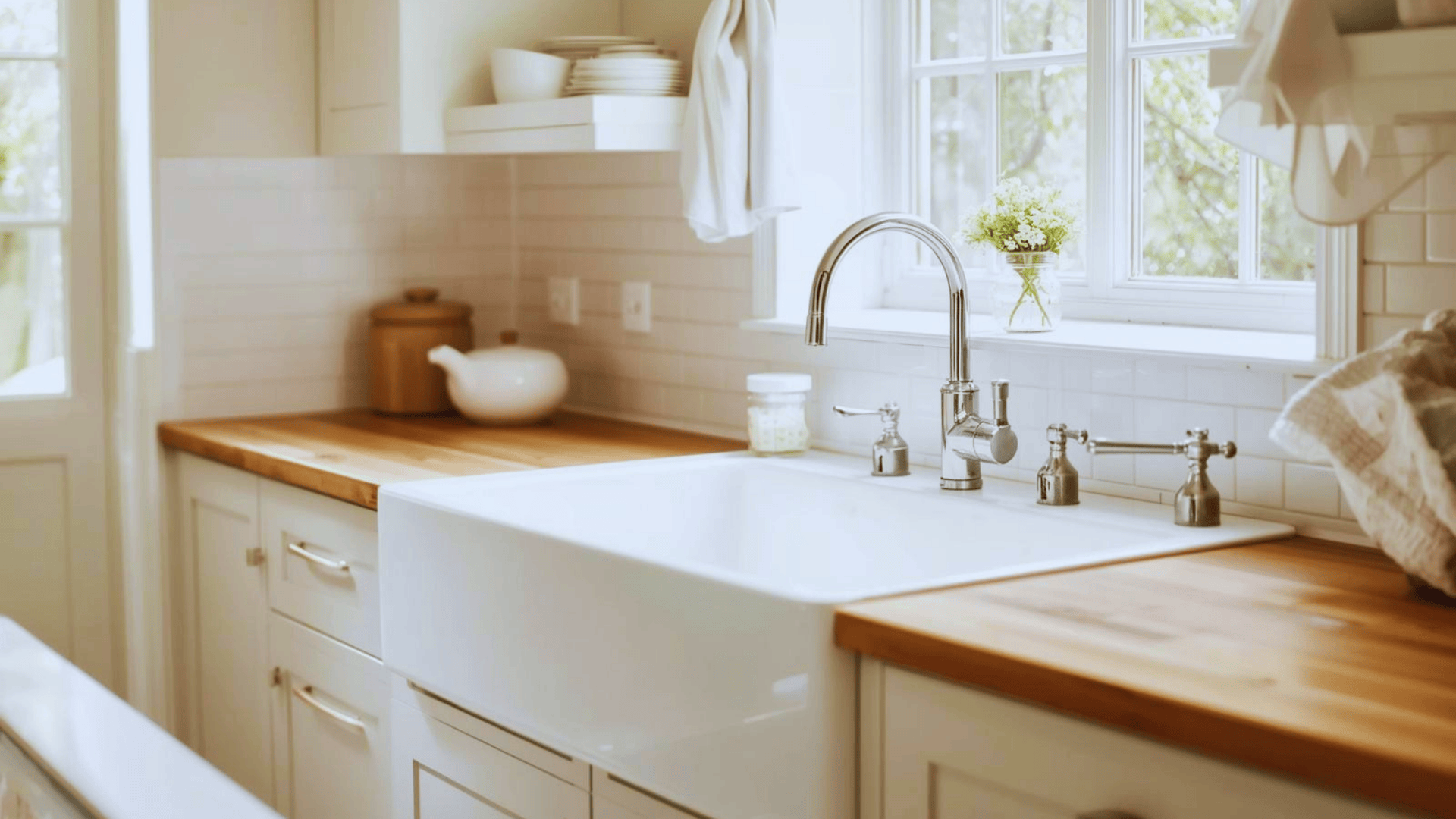 farmhouse sink with wooden countertop simple tiles and bright kitchen window