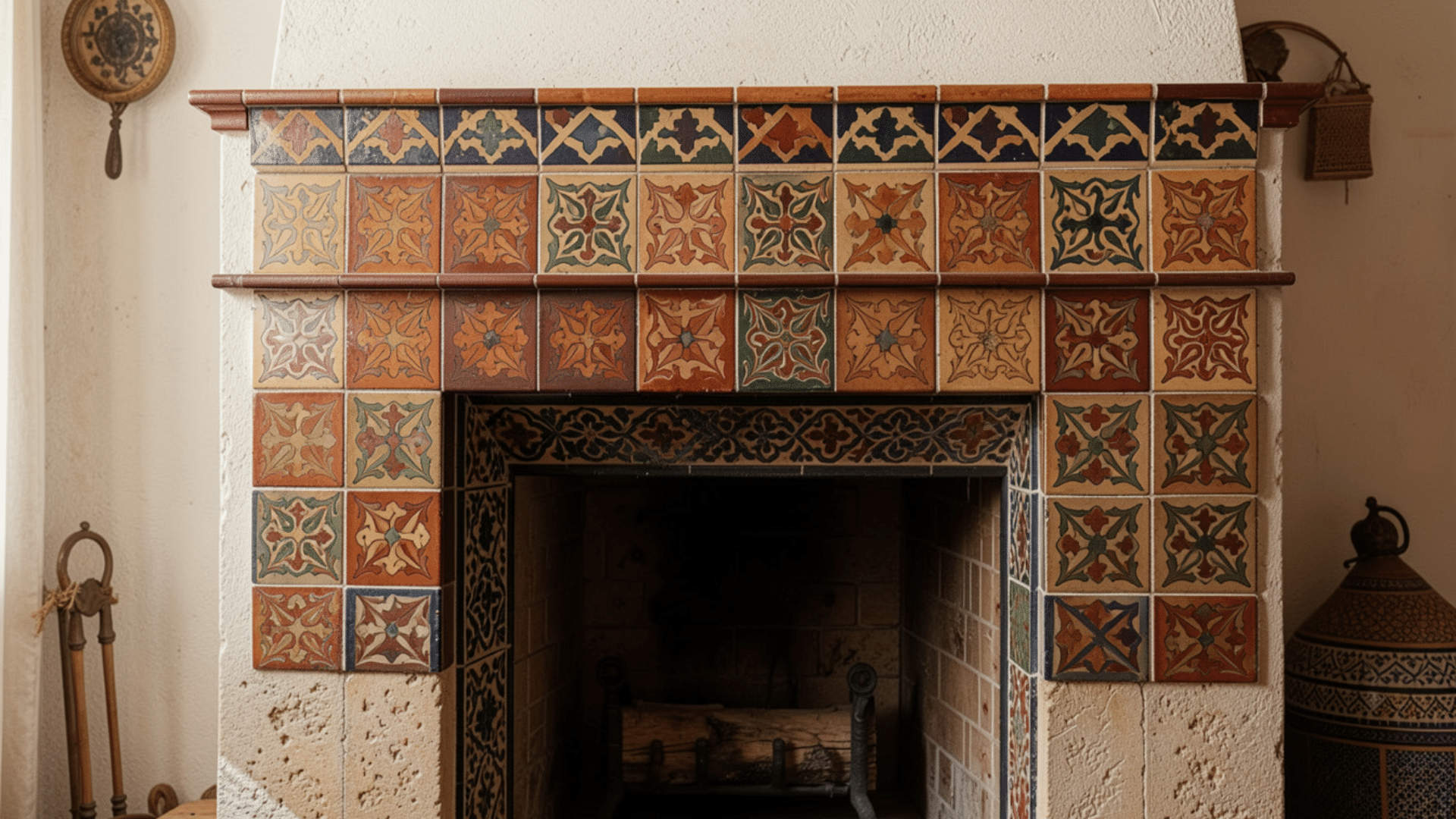 fireplace decorated with moroccan pattern tiles adding color texture and personality to the living space