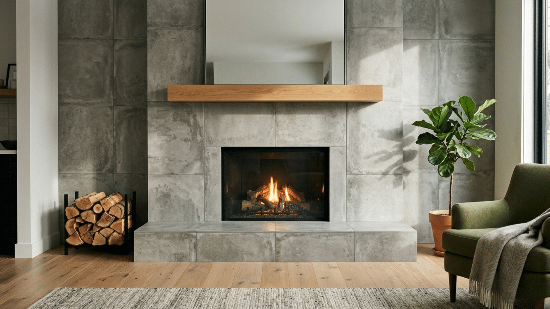 fireplace with patterned tiles creating a bold accent wall that refreshes the room design