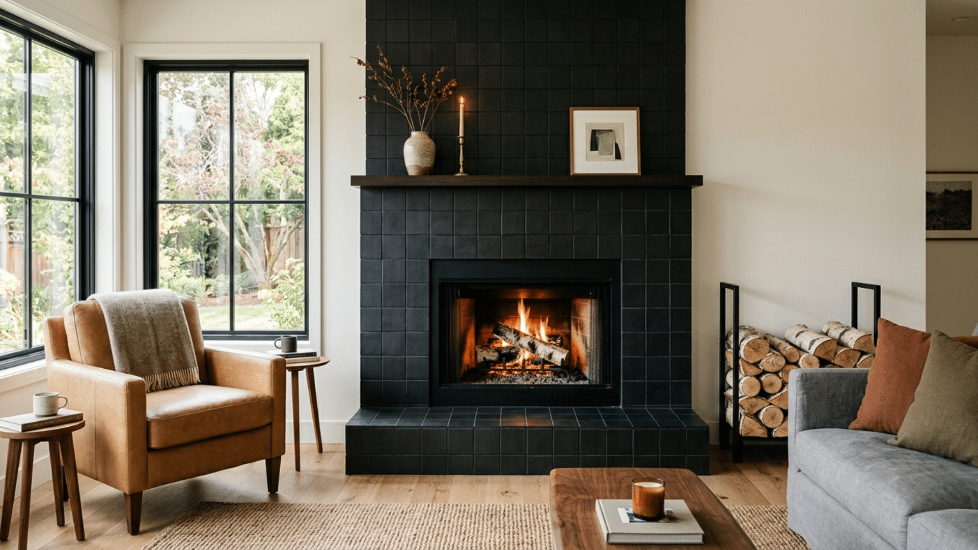 fireplace with white subway tile surround creating a clean and updated focal point in the living room