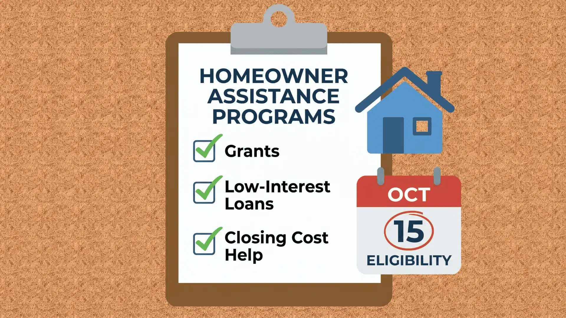 Checklist highlighting grants, low-interest loans, and closing cost assistance for first-time home buyers.