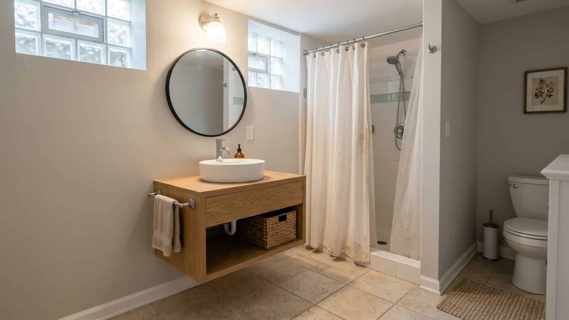 floating vanity in basement bathroom with open floor space light wood design and clean modern compact layout