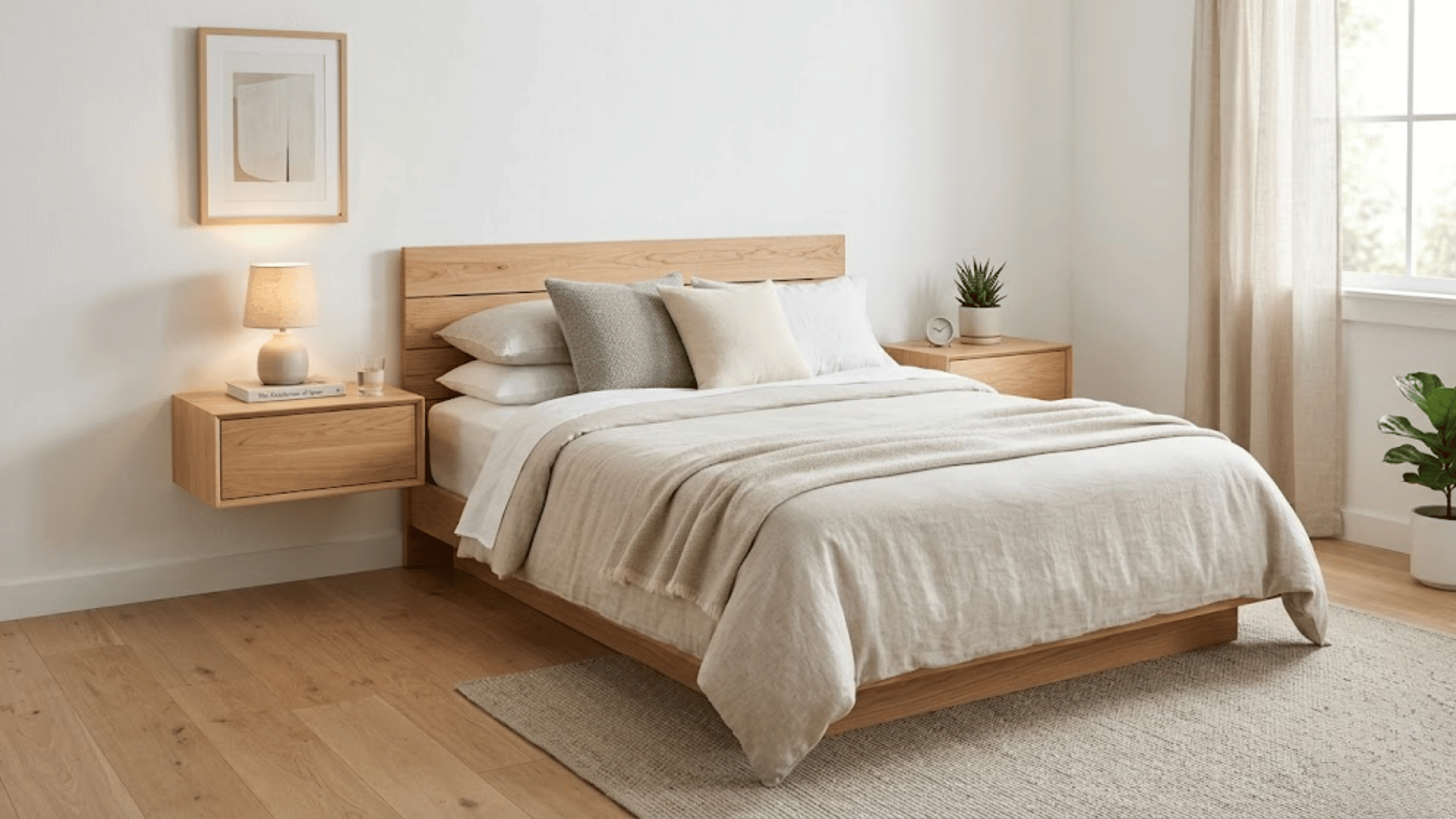 floating nightstands to open up floor space for minimalist bedroom ideas WORK Conversation with Gemini generate the image of Use Floatinnightstands to open up floor space for minimalist bedroom id