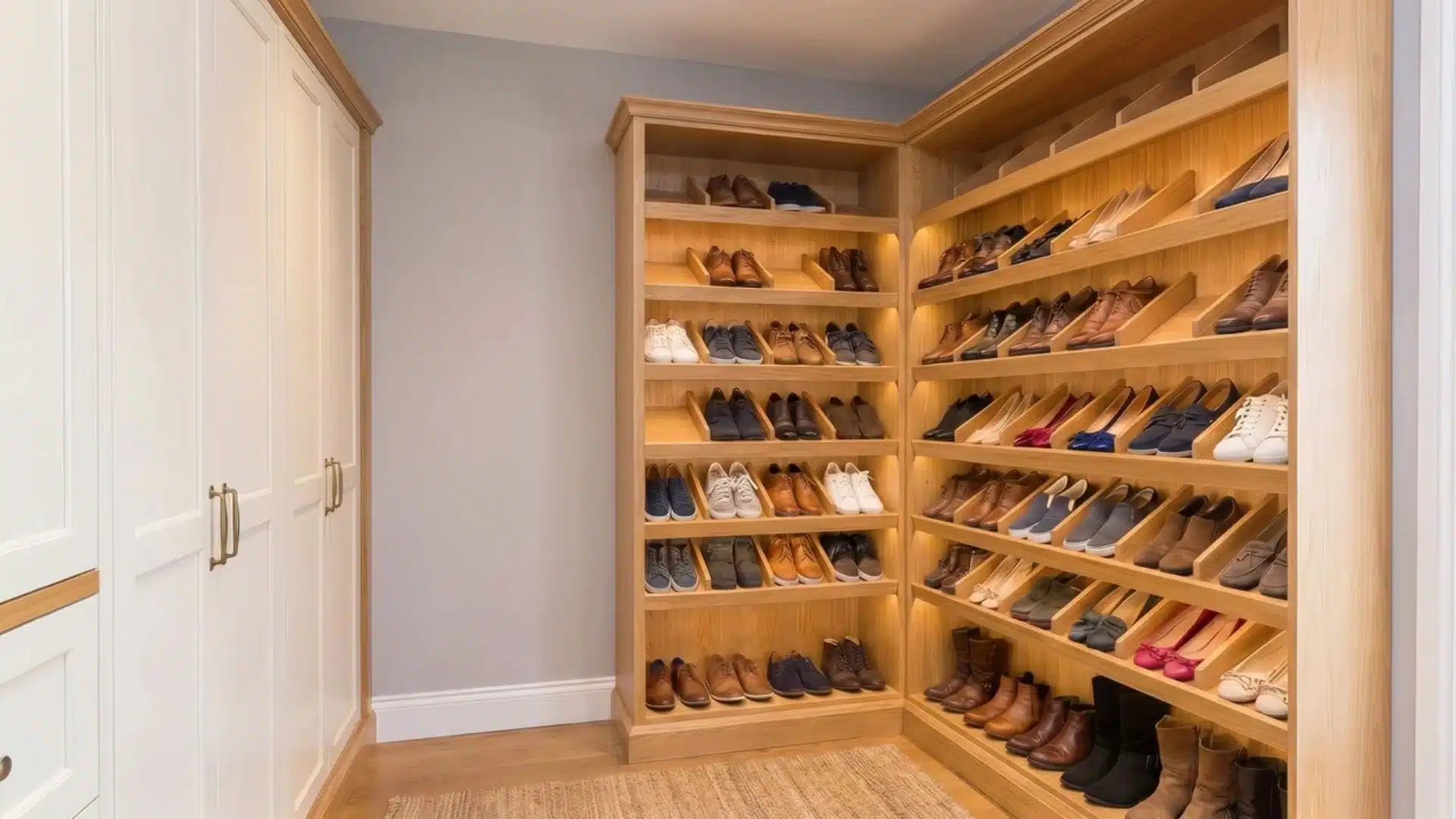Floor-to-ceiling angled oak shoe shelves in a warm white reach-in closet, each pair of shoes in its own slot.