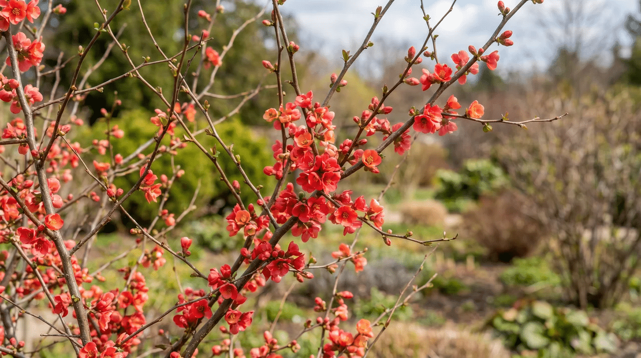 Flowering quince blossoms appearing on branches in spring.