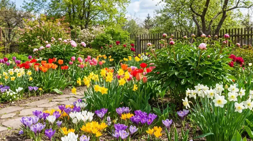 A vibrant spring garden featuring tulips, daffodils, crocuses, and peonies in full bloom across early, mid, and late spring.