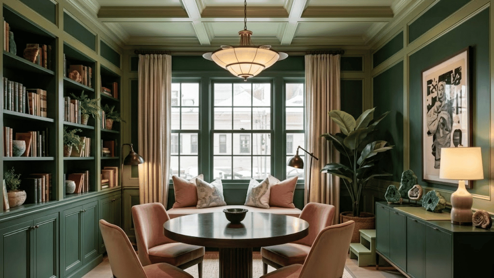 forest green monochromatic dining room with built in shelving layered green tones and soft blush seating accents