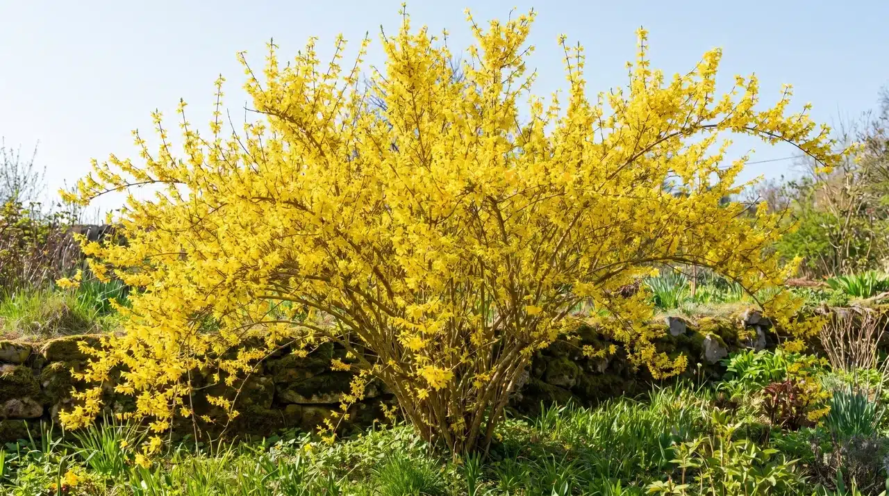 Bright yellow forsythia flowers covering a shrub in early spring.