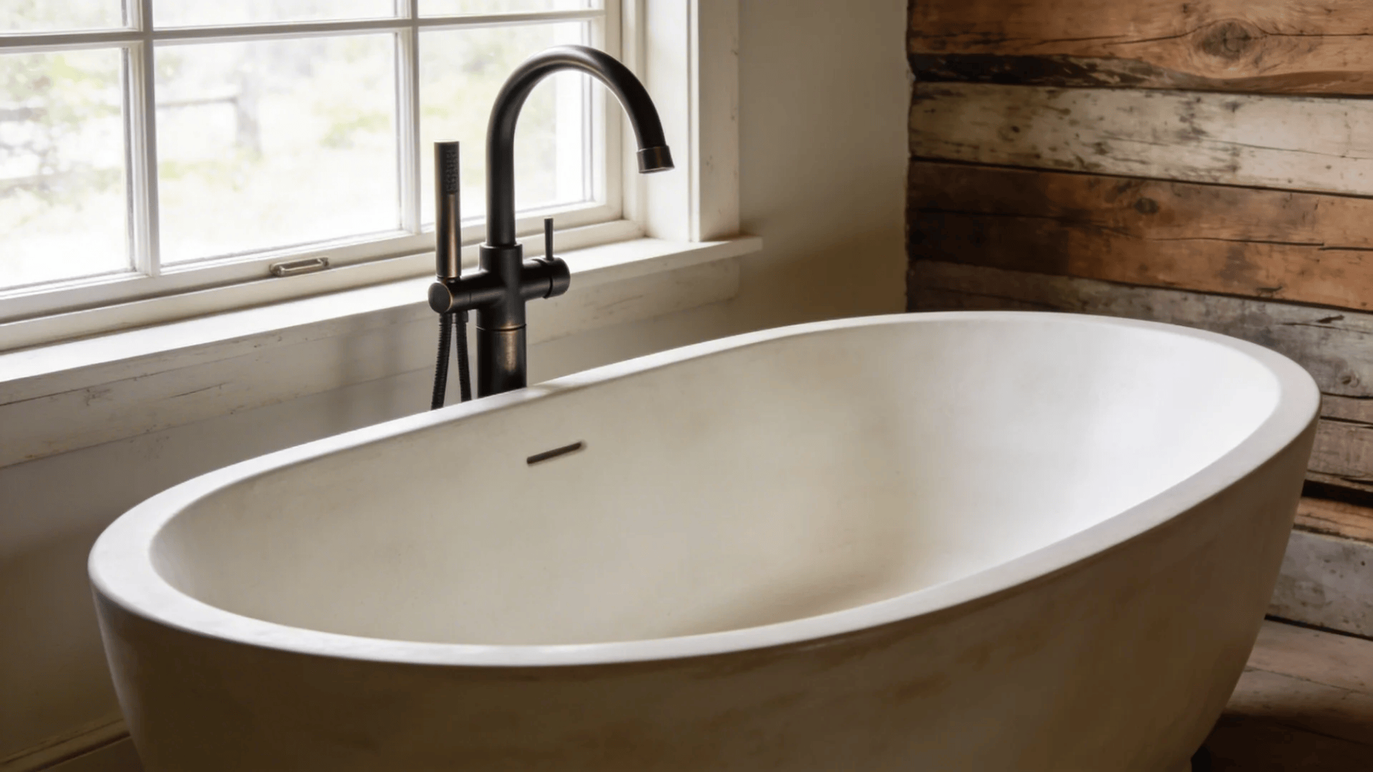 freestanding white bathtub near window with black faucet creating calm rustic bathroom setting