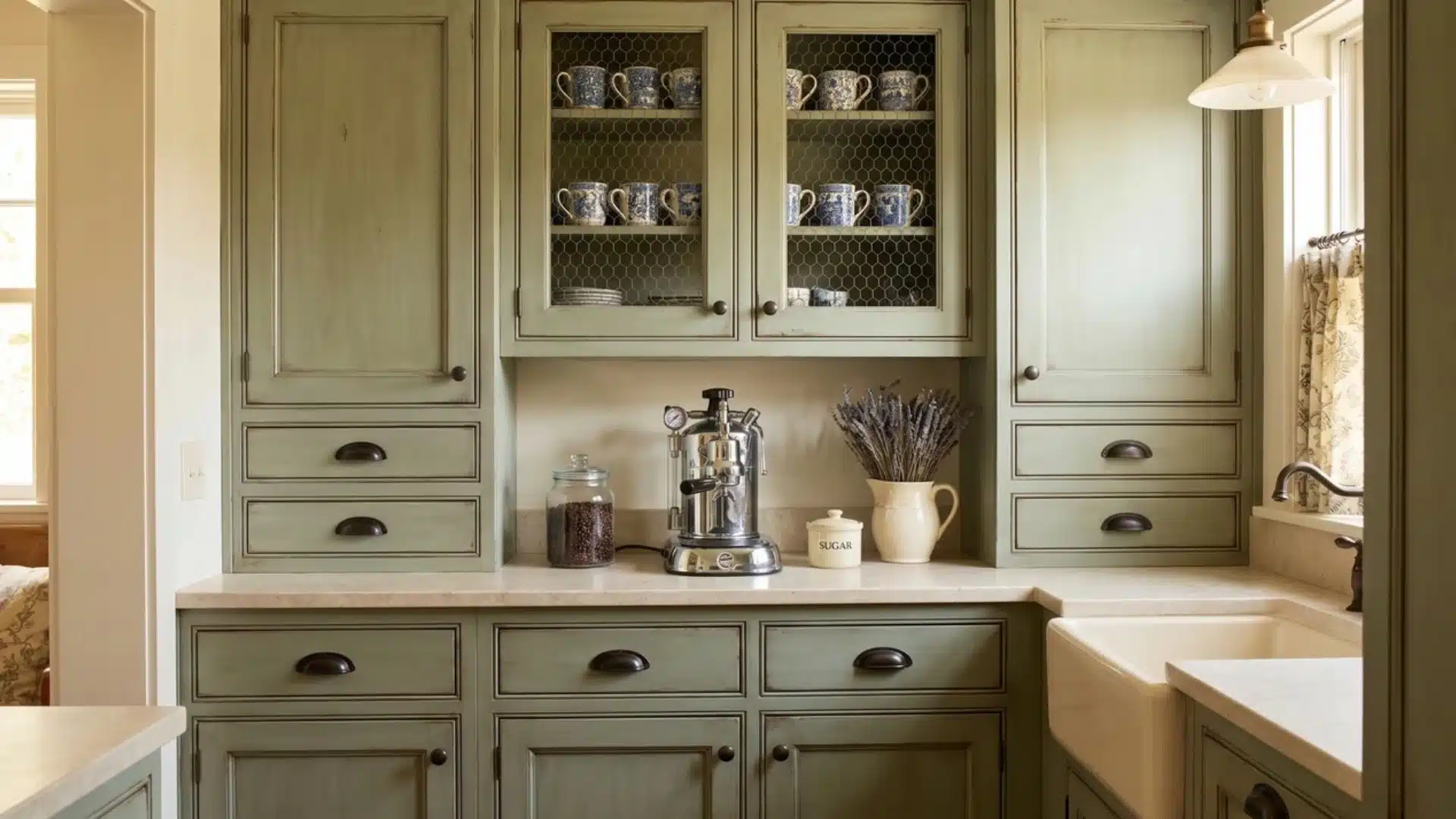 French country coffee bar with sage cabinets, chicken-wire doors, bronze hardware, ceramic sink, mugs, and lavender.