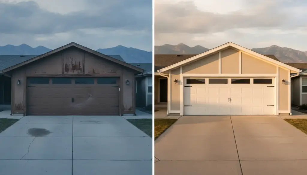 Side-by-side comparison of old and new garage doors on suburban homes in soft evening light