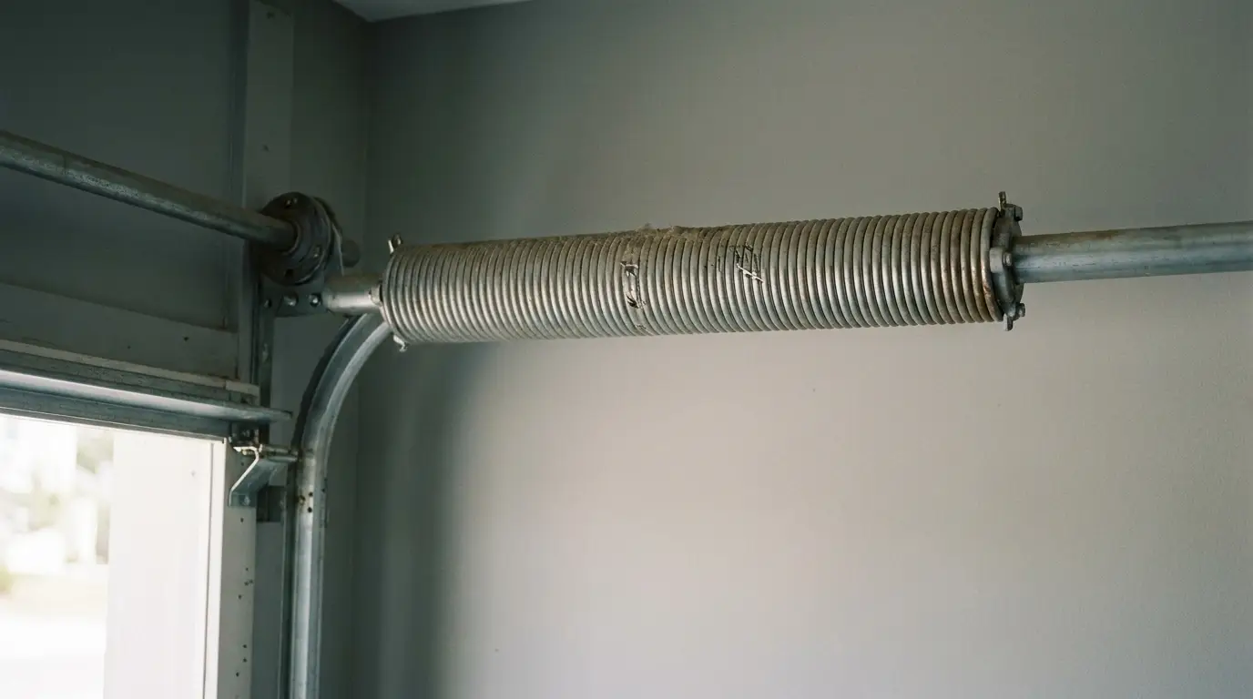 Garage door torsion spring system installed on a metal frame in a dimly lit space