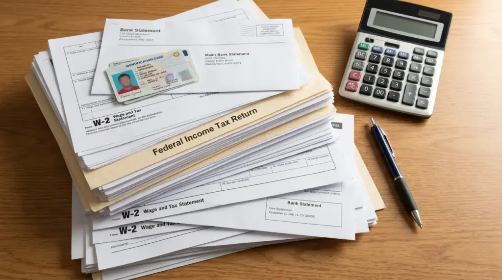 overhead view of organized financial documents, calculator, and pen on a desk
