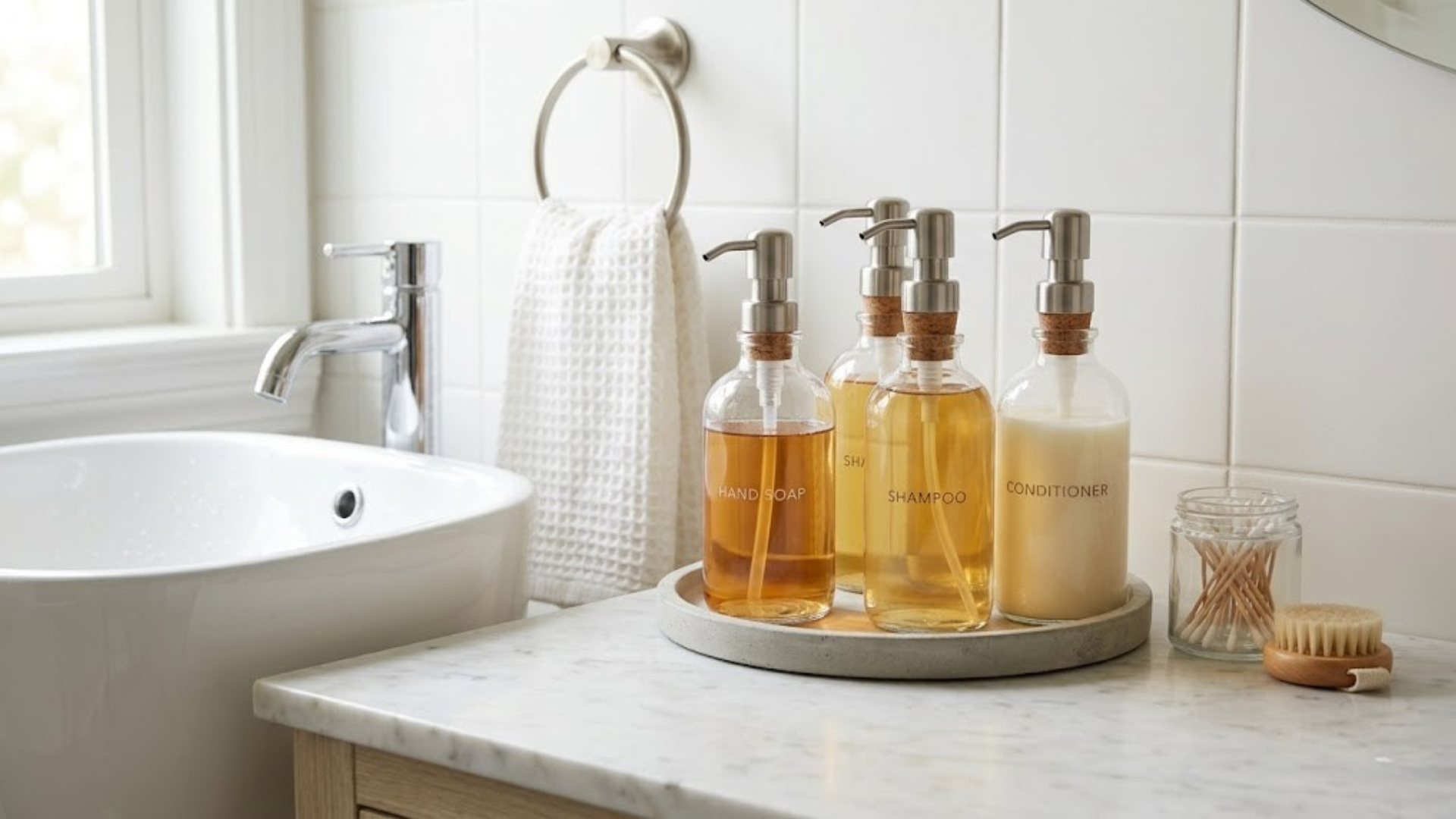 glass amber soap bottles on marble counter with chrome faucet and white tile wall background
