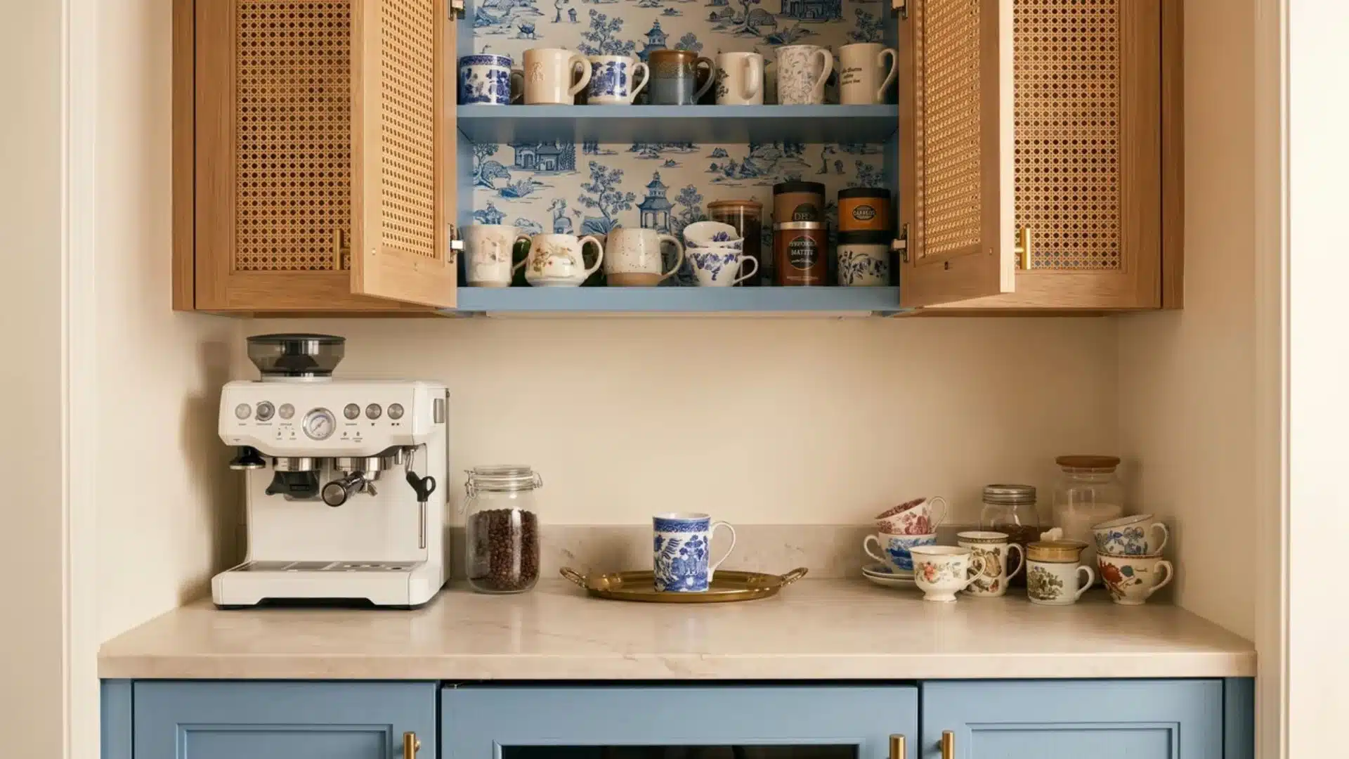 Grandmillennial coffee bar with chinoiserie cabinet interior, rattan doors, brass hardware, porcelain mugs, and espresso machine.
