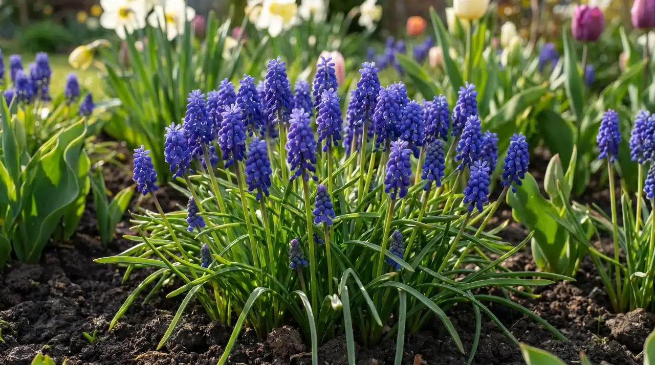 Blue grape hyacinth flowers blooming in a garden bed.