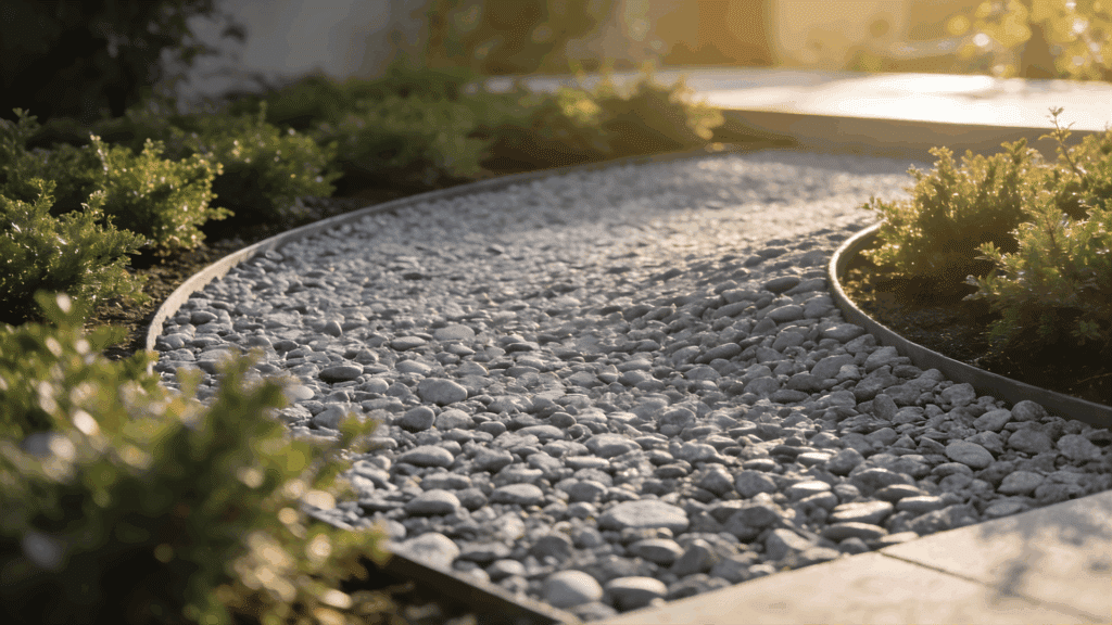 19 Best Gravel Patio Ideas for Any Yard that You’ll Love gravel patio ideas featuring curved pathways with soft greenery adding a natural flow to outdoor spaces