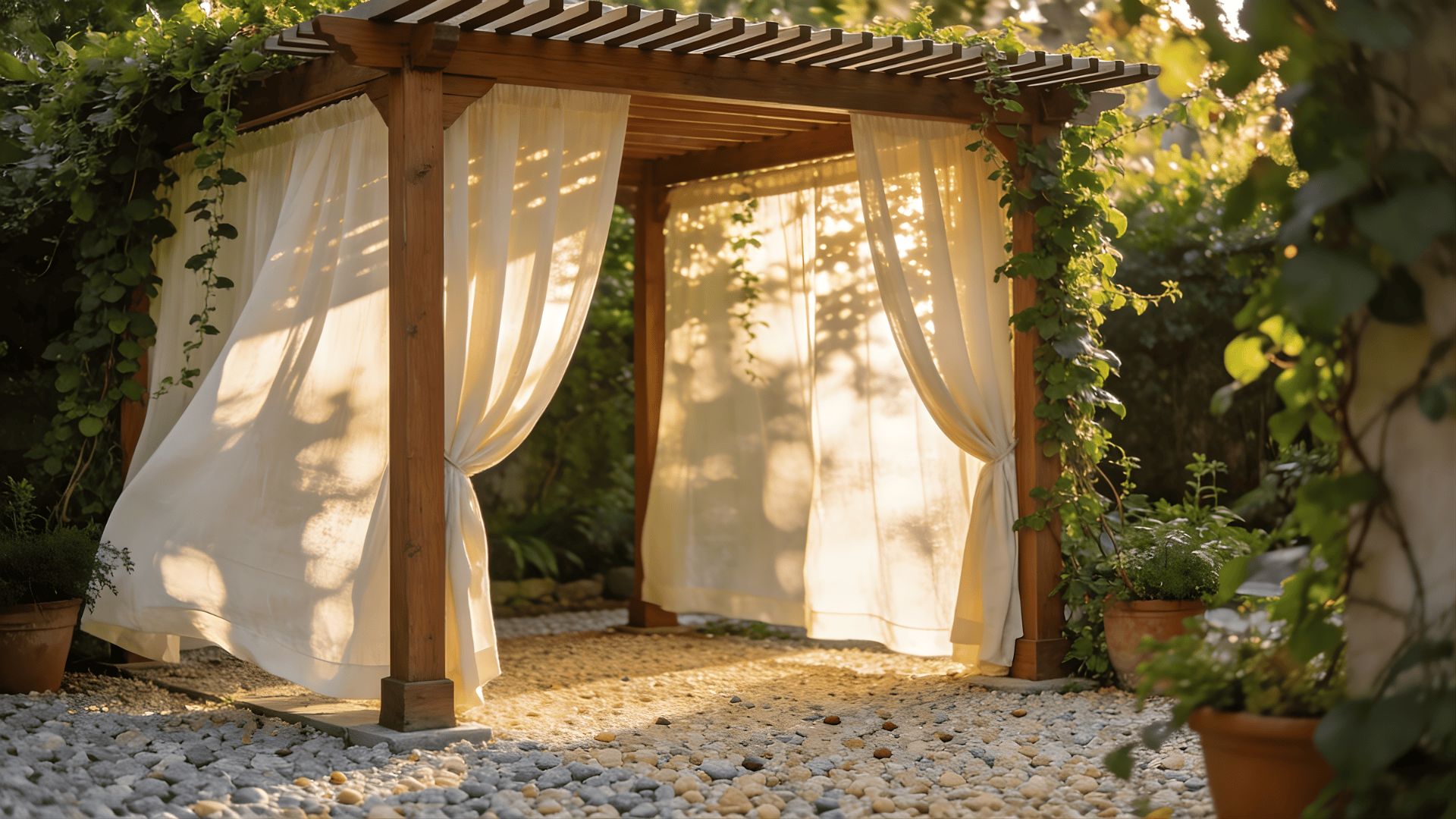 gravel patio ideas with a charming wooden pergola draped with curtains and surrounded by lush greenery creating a peaceful retreat
