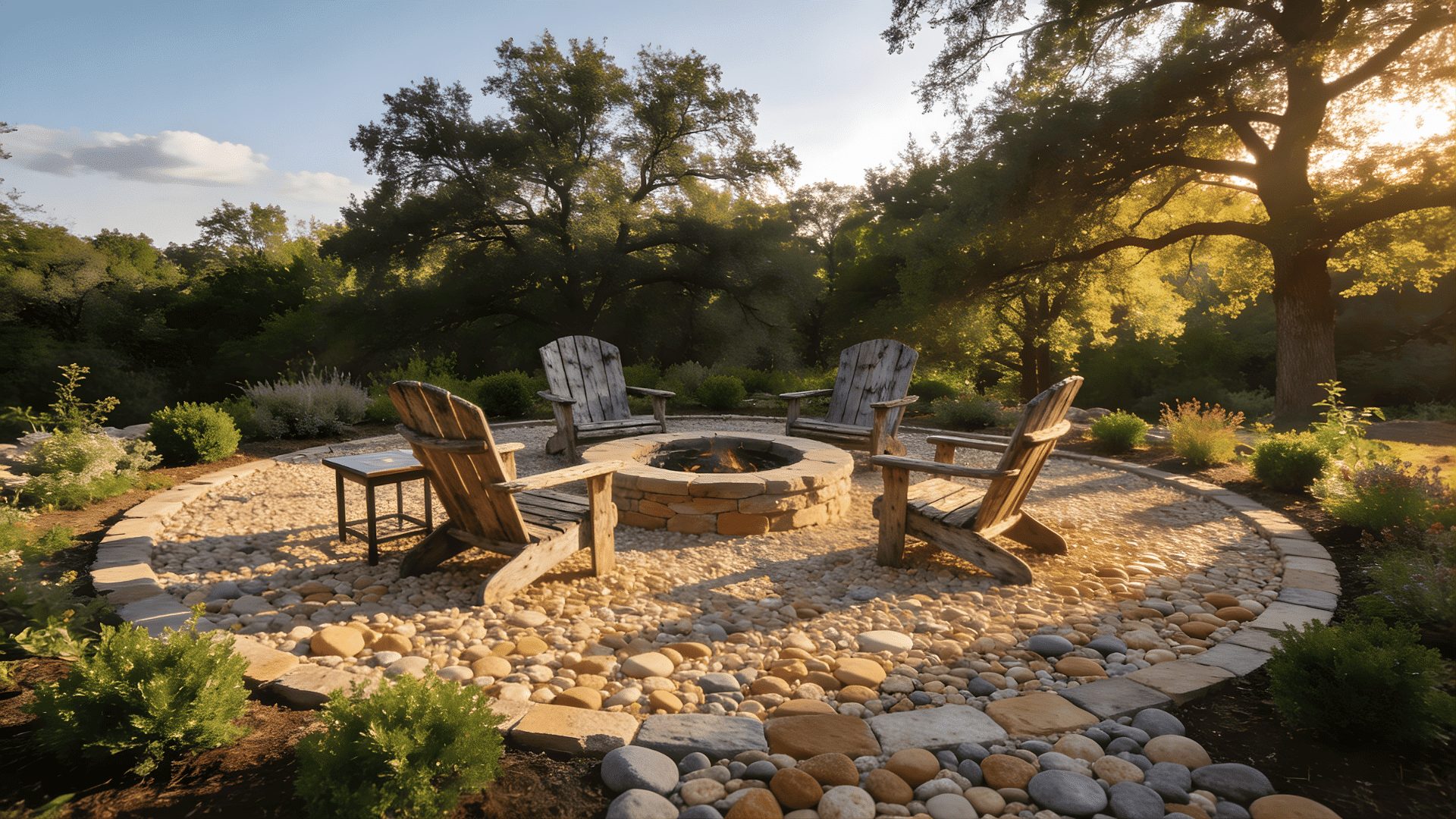 gravel patio ideas with a cozy fire pit and stone seating area surrounded by plants and natural beauty