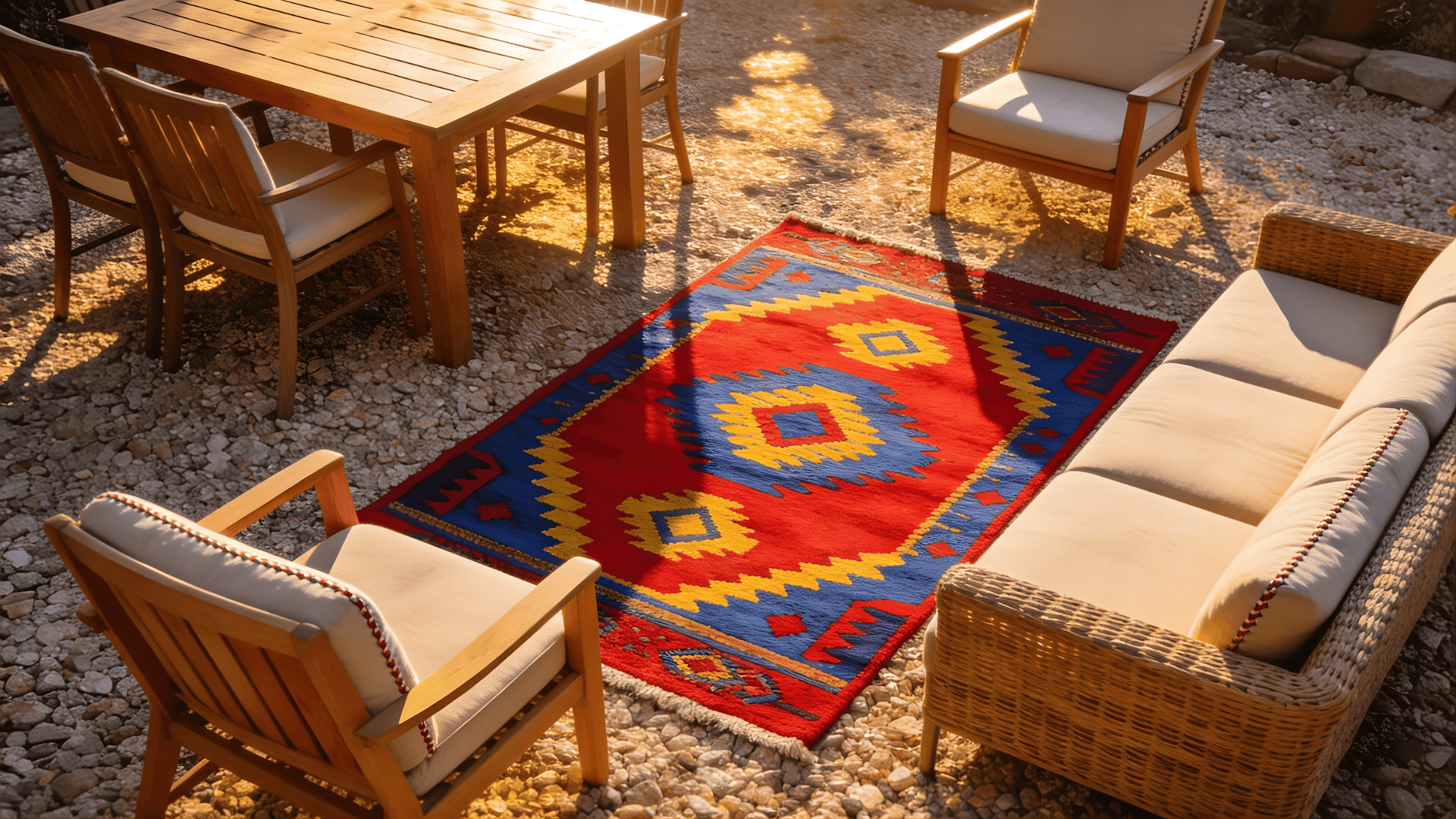 gravel patio ideas with a cozy seating area and a colorful patterned rug adding warmth and style to the outdoor space